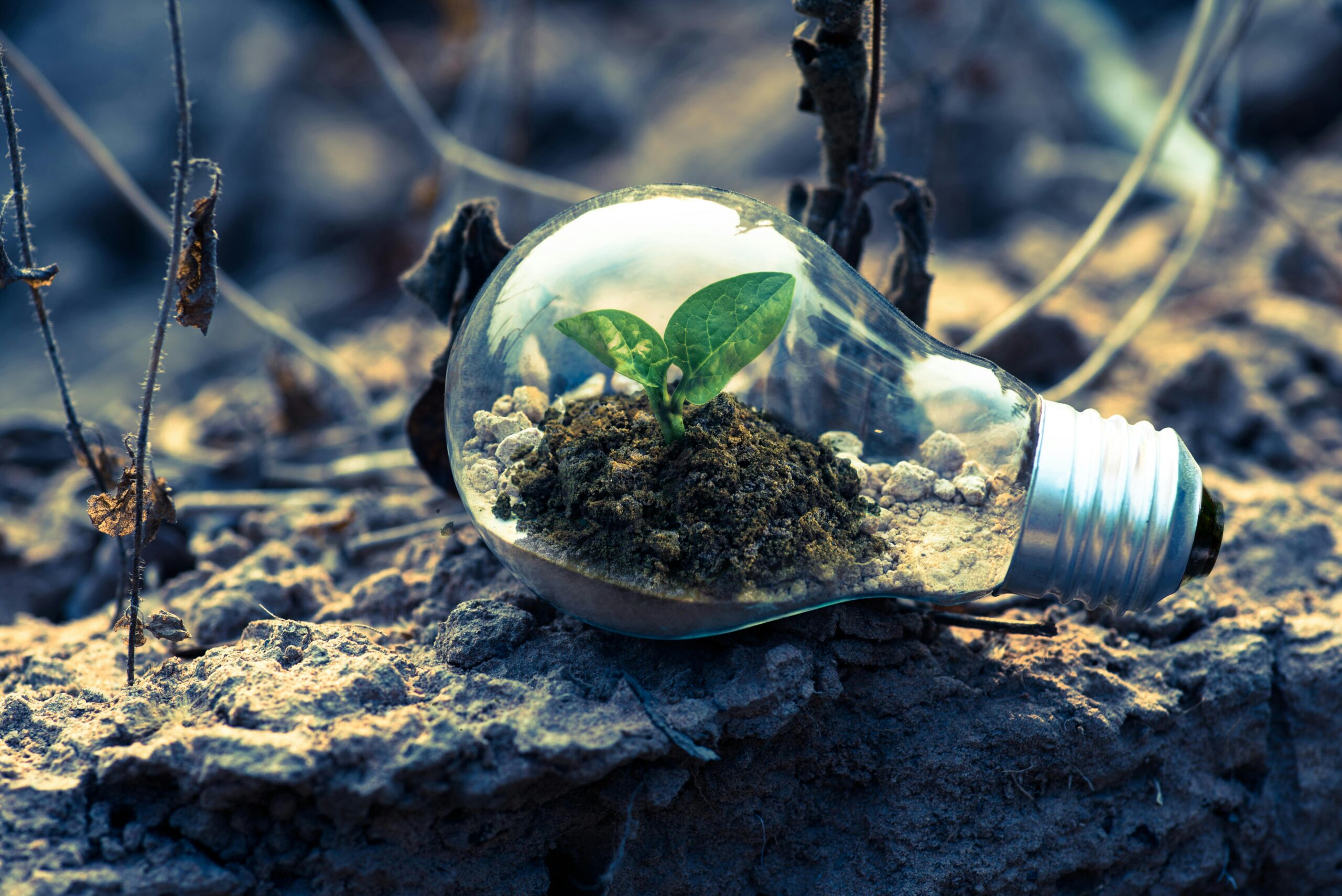 A young green plant growing inside a light bulb filled with soil, symbolizing renewable energy, sustainability, and environmental conservation. Climate change future, reverse Carbon capture